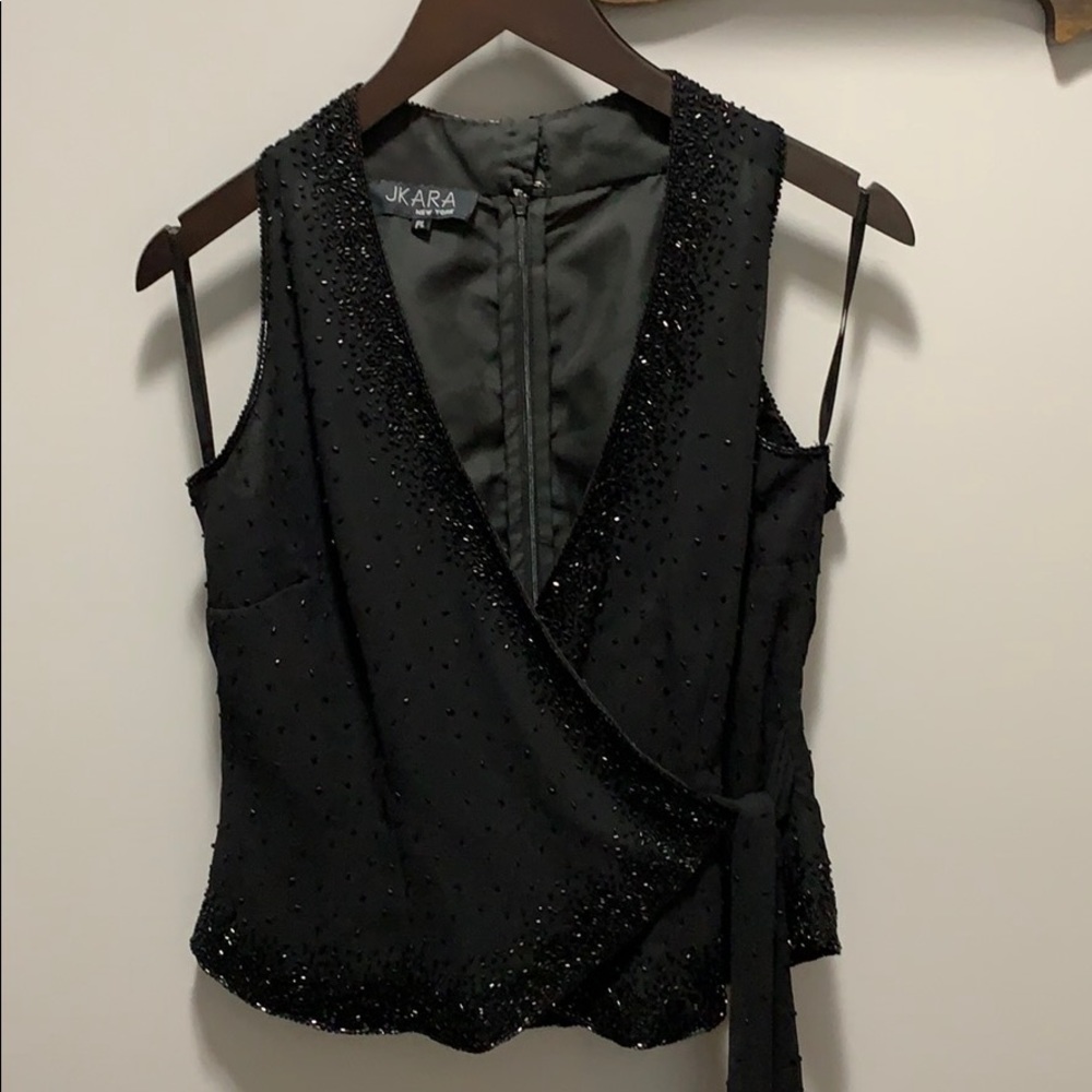 JKara New York Black beaded wrap blouse
